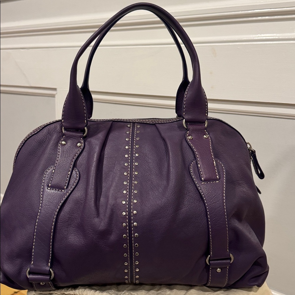 Michael Kors Satchel Large Oversized Purple Leather Studded  Lattington Bag - Picture 7 of 17